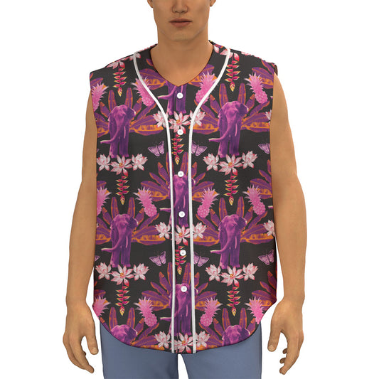 Purple Tropical Elephant Pattern Print Sleeveless Baseball Jersey