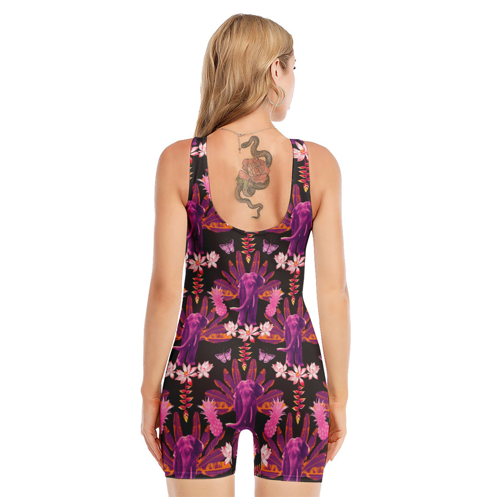 Purple Tropical Elephant Pattern Print Sleeveless One Piece Swimsuit