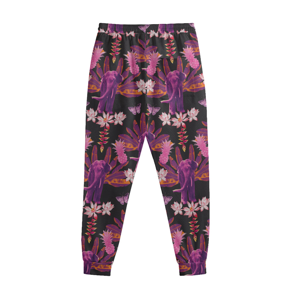 Purple Tropical Elephant Pattern Print Sweatpants