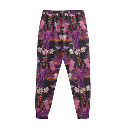 Purple Tropical Elephant Pattern Print Sweatpants