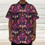 Purple Tropical Elephant Pattern Print Textured Short Sleeve Shirt