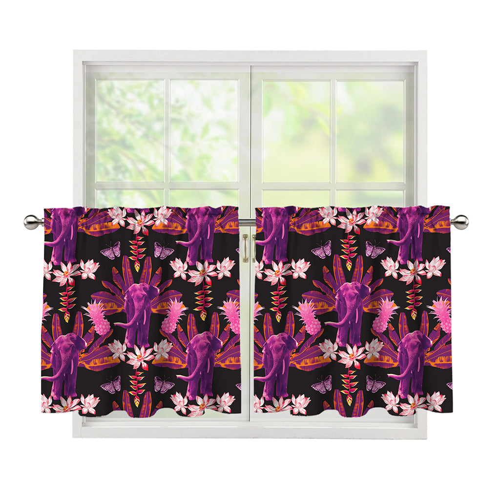 Purple Tropical Elephant Pattern Print Tier Curtains