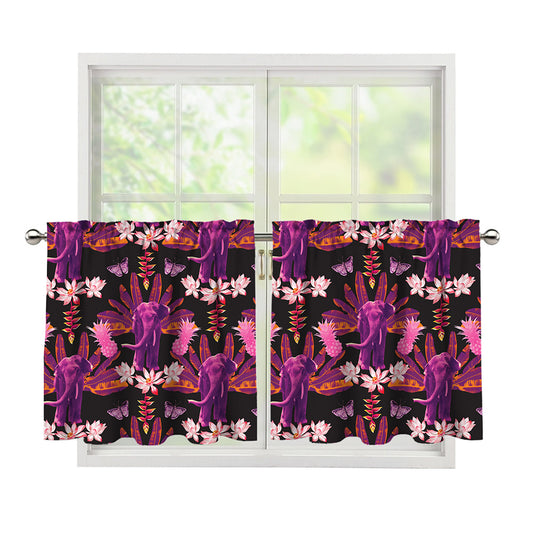 Purple Tropical Elephant Pattern Print Tier Curtains