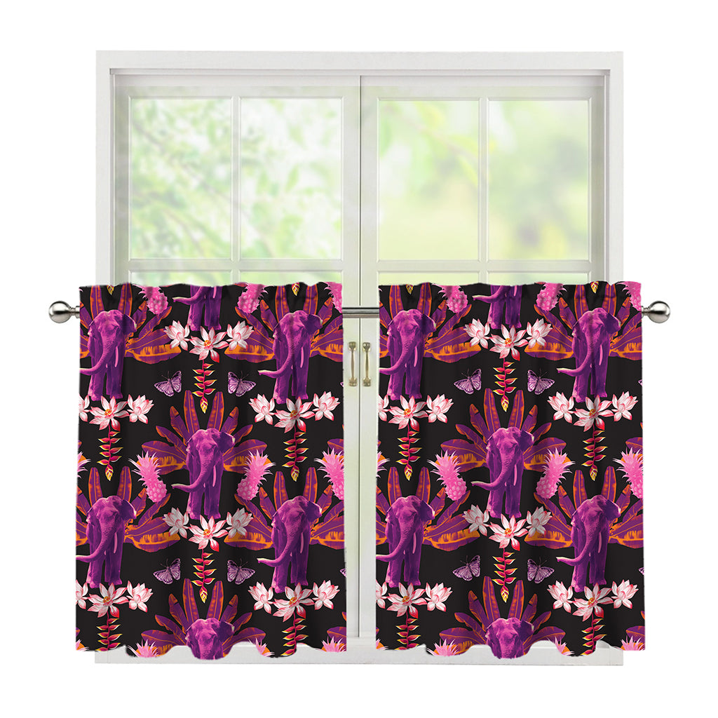 Purple Tropical Elephant Pattern Print Tier Curtains