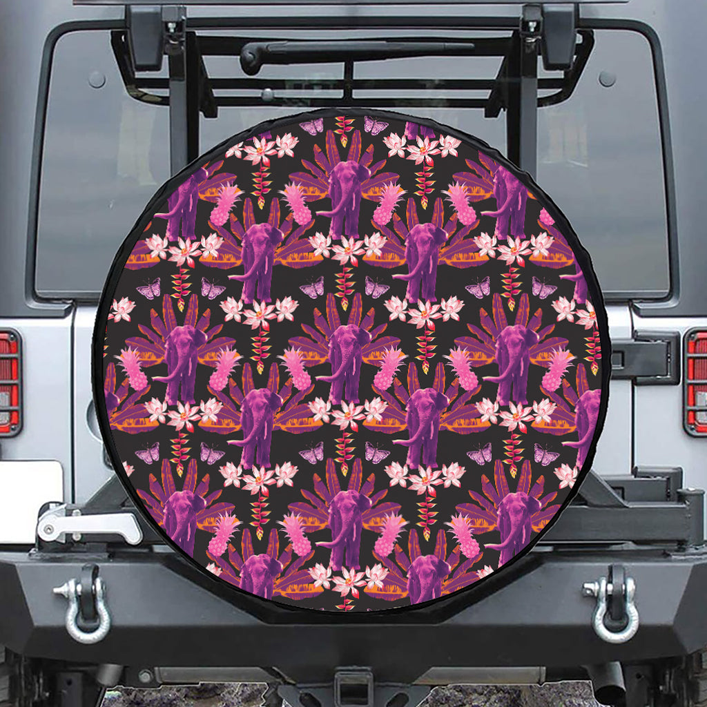 Purple Tropical Elephant Pattern Print Tire Cover