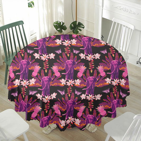 Purple Tropical Elephant Pattern Print Waterproof Round Tablecloth
