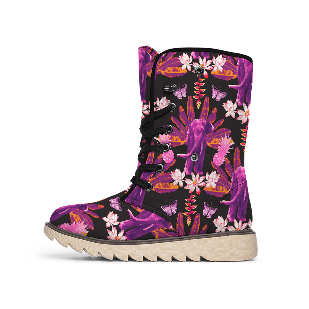 Purple Tropical Elephant Pattern Print Winter Boots