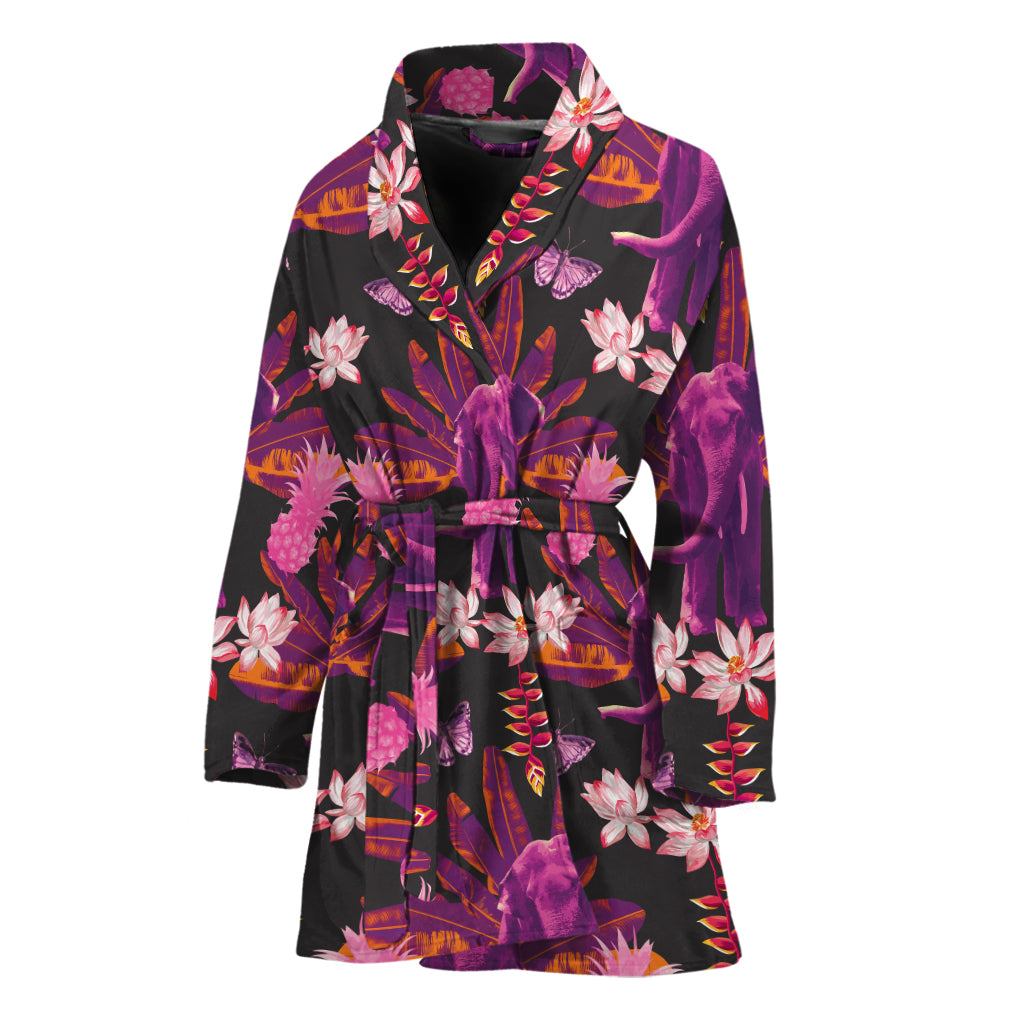 Purple Tropical Elephant Pattern Print Women's Bathrobe