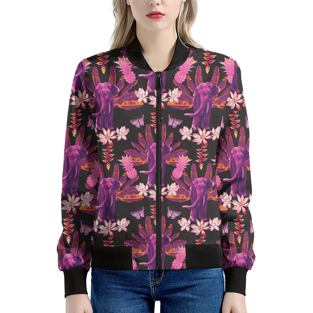 Purple Tropical Elephant Pattern Print Women's Bomber Jacket