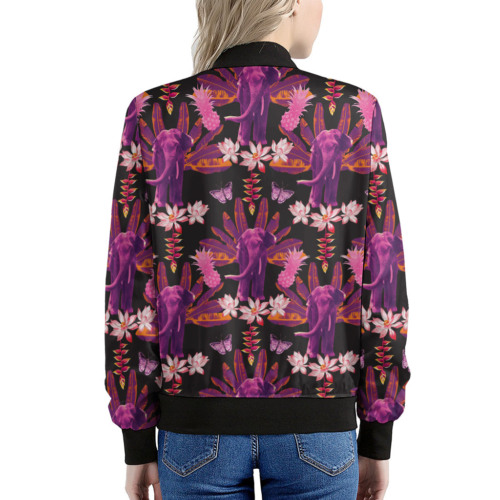 Purple Tropical Elephant Pattern Print Women's Bomber Jacket
