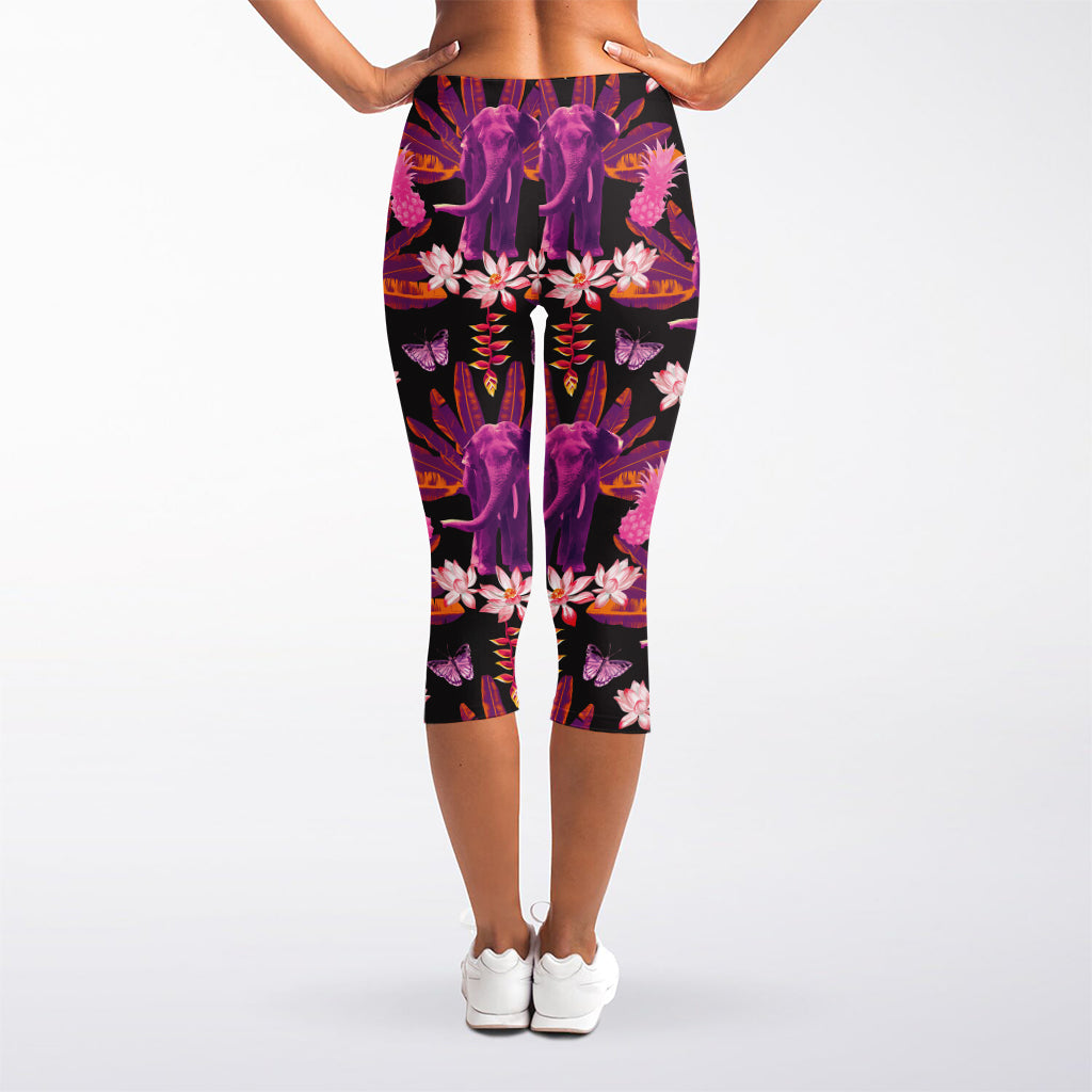Purple Tropical Elephant Pattern Print Women's Capri Leggings