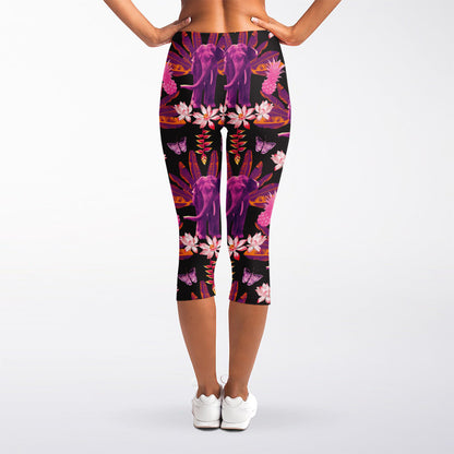 Purple Tropical Elephant Pattern Print Women's Capri Leggings