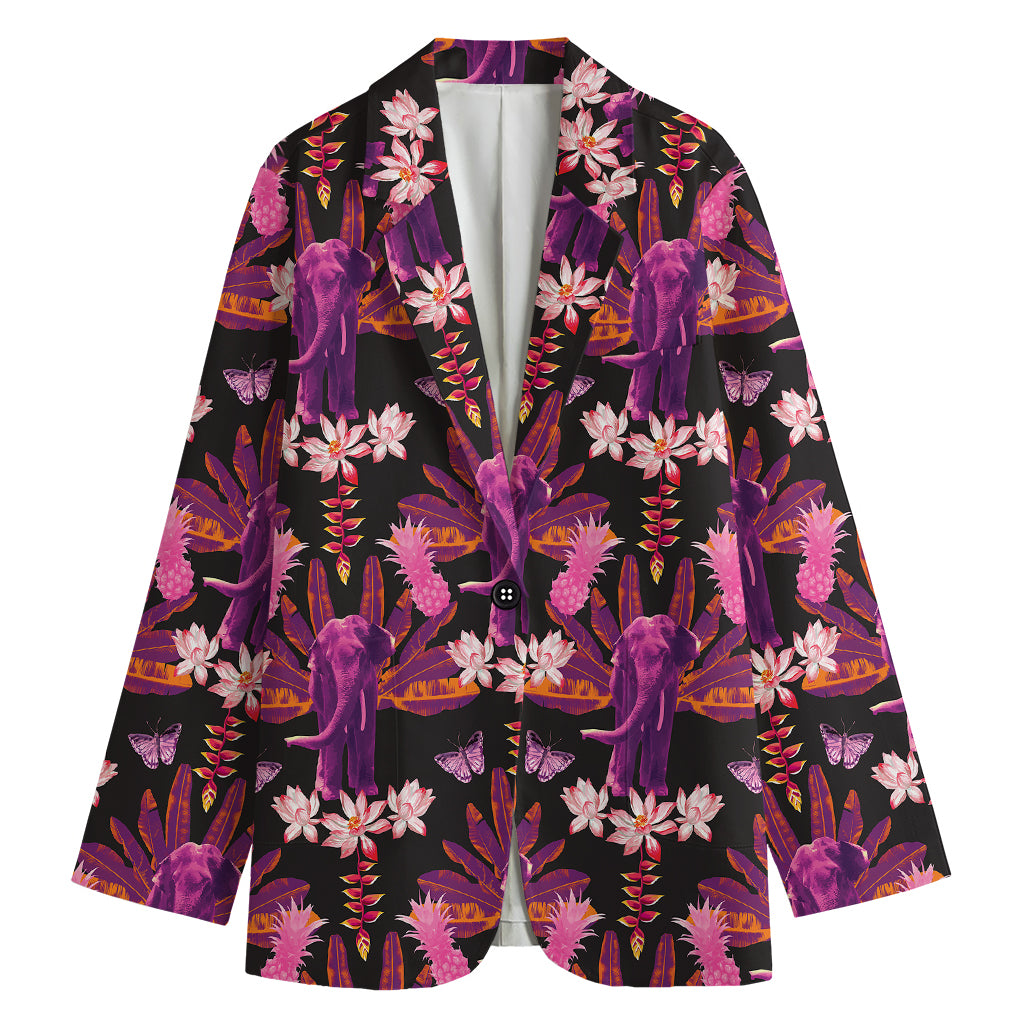 Purple Tropical Elephant Pattern Print Women's Cotton Blazer