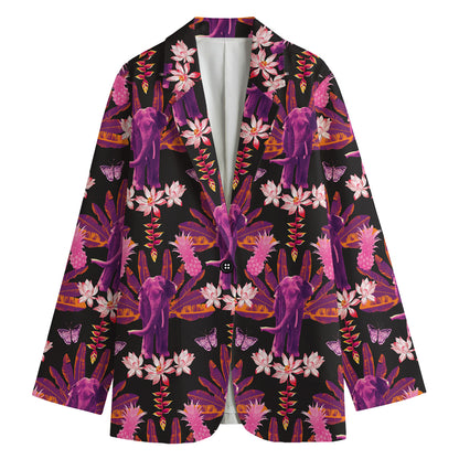 Purple Tropical Elephant Pattern Print Women's Cotton Blazer