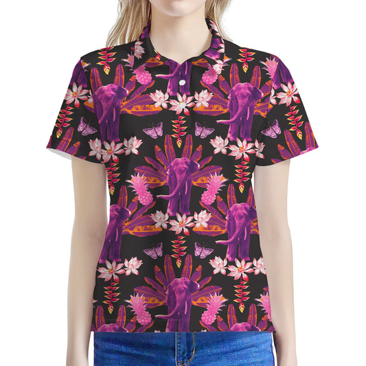 Purple Tropical Elephant Pattern Print Women's Polo Shirt