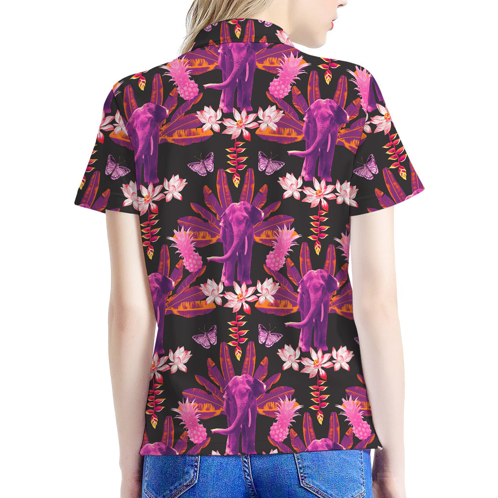 Purple Tropical Elephant Pattern Print Women's Polo Shirt
