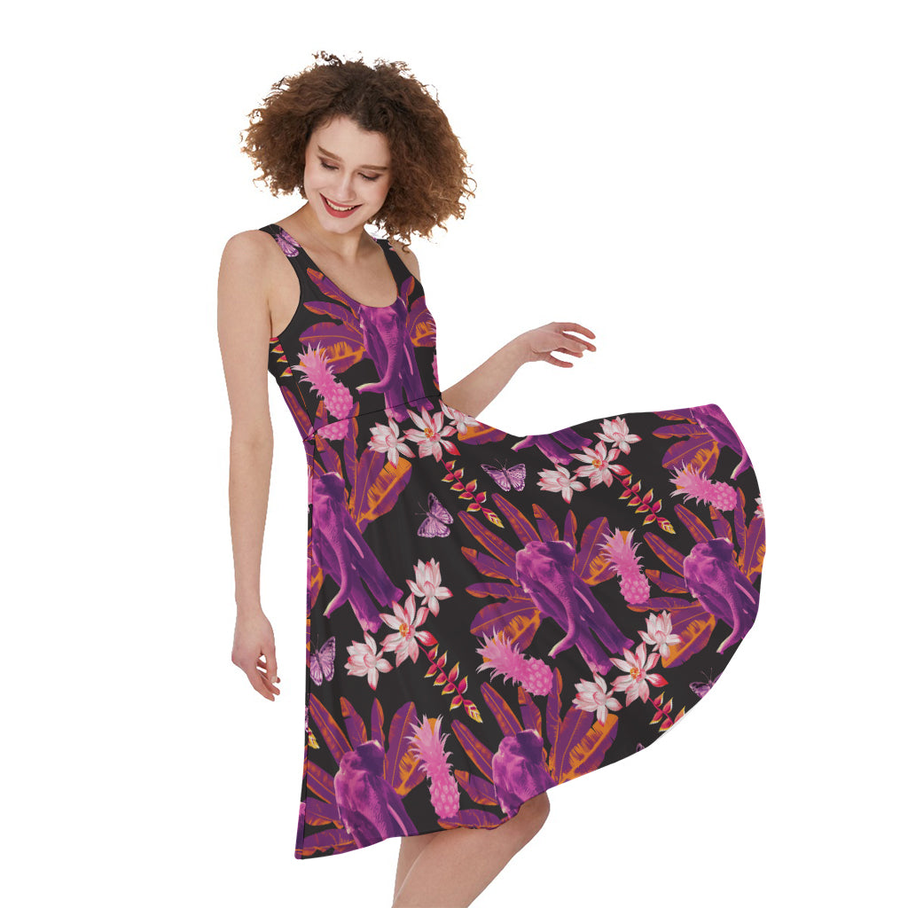 Purple Tropical Elephant Pattern Print Women's Sleeveless Dress