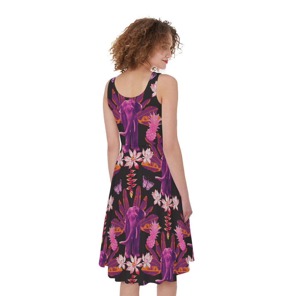 Purple Tropical Elephant Pattern Print Women's Sleeveless Dress