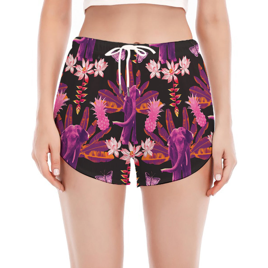 Purple Tropical Elephant Pattern Print Women's Split Running Shorts