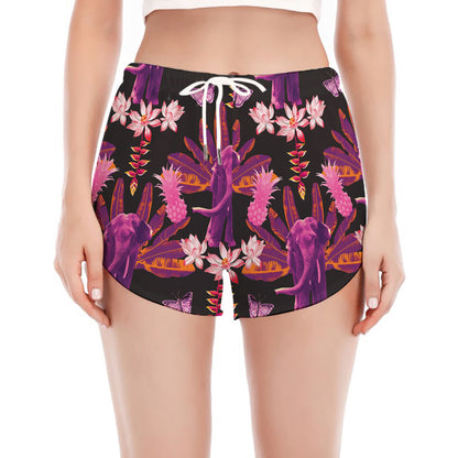 Purple Tropical Elephant Pattern Print Women's Split Running Shorts
