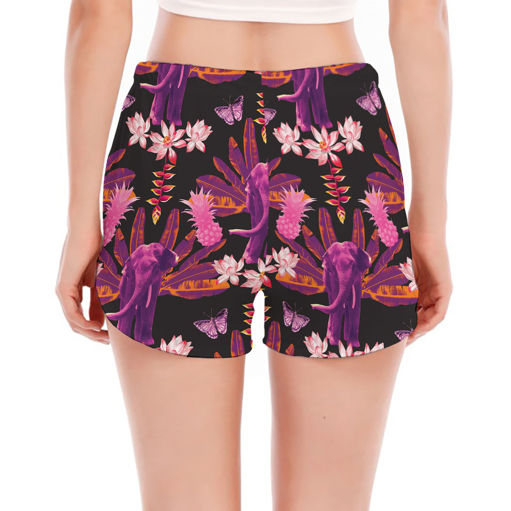 Purple Tropical Elephant Pattern Print Women's Split Running Shorts