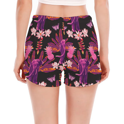 Purple Tropical Elephant Pattern Print Women's Split Running Shorts