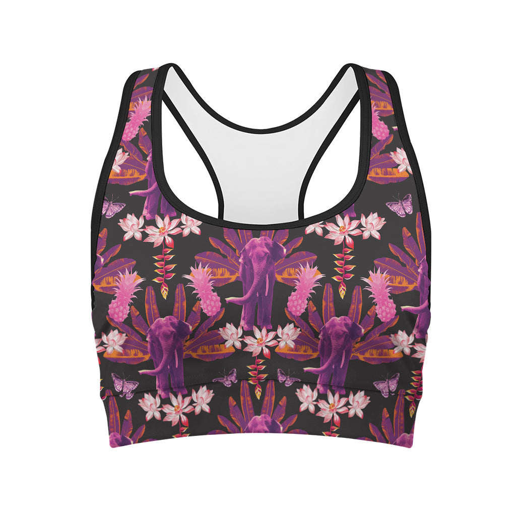 Purple Tropical Elephant Pattern Print Women's Sports Bra
