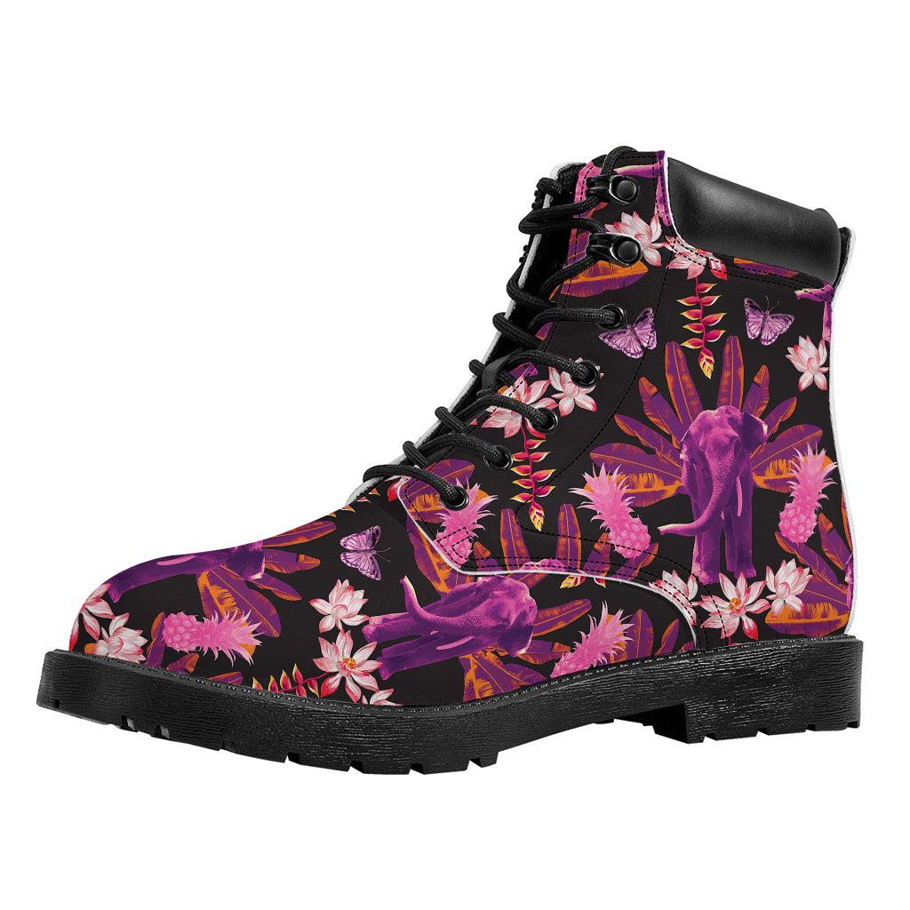 Purple Tropical Elephant Pattern Print Work Boots