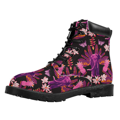 Purple Tropical Elephant Pattern Print Work Boots