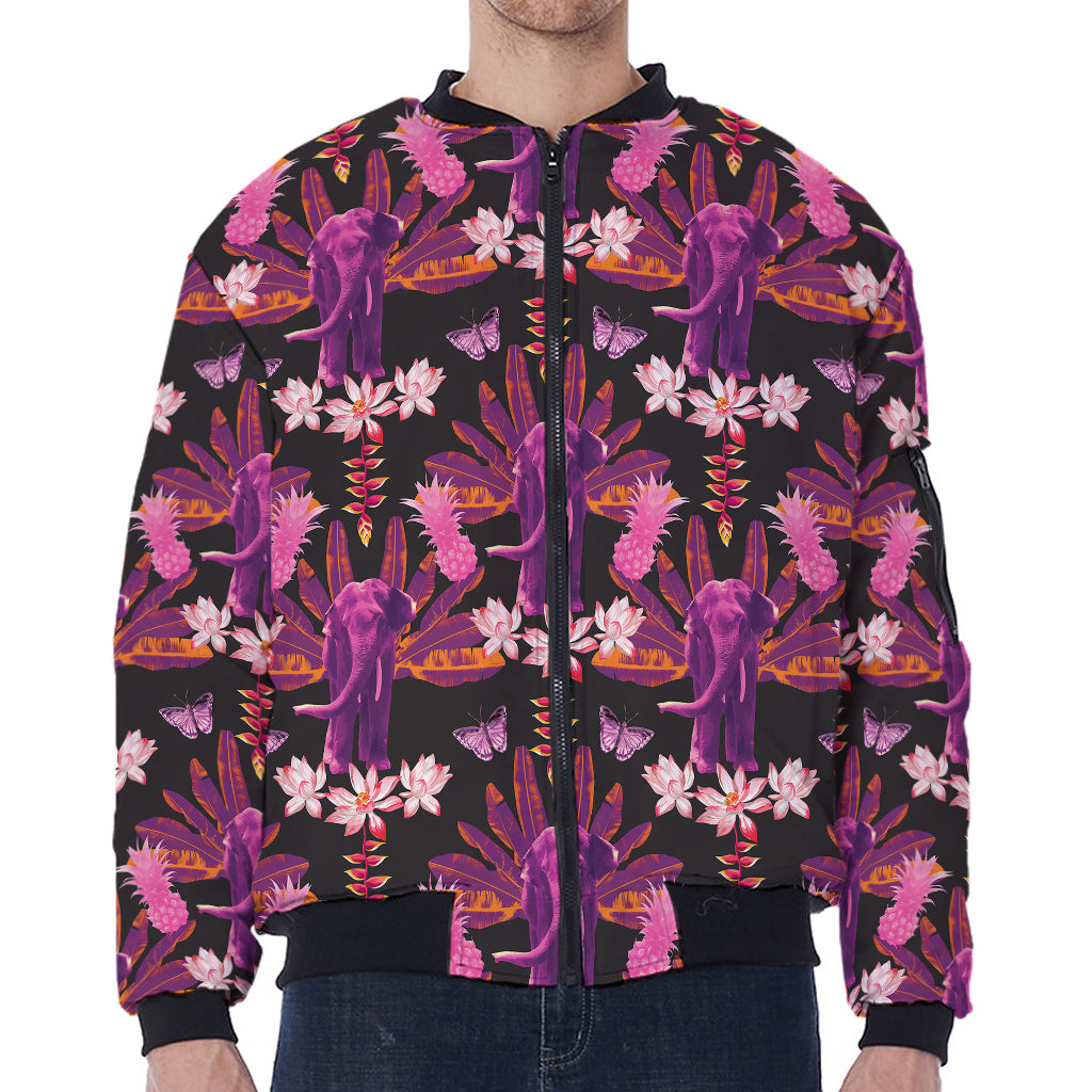 Purple Tropical Elephant Pattern Print Zip Sleeve Bomber Jacket