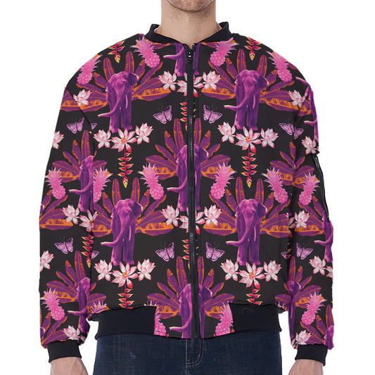 Purple Tropical Elephant Pattern Print Zip Sleeve Bomber Jacket
