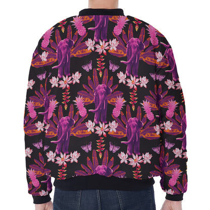 Purple Tropical Elephant Pattern Print Zip Sleeve Bomber Jacket