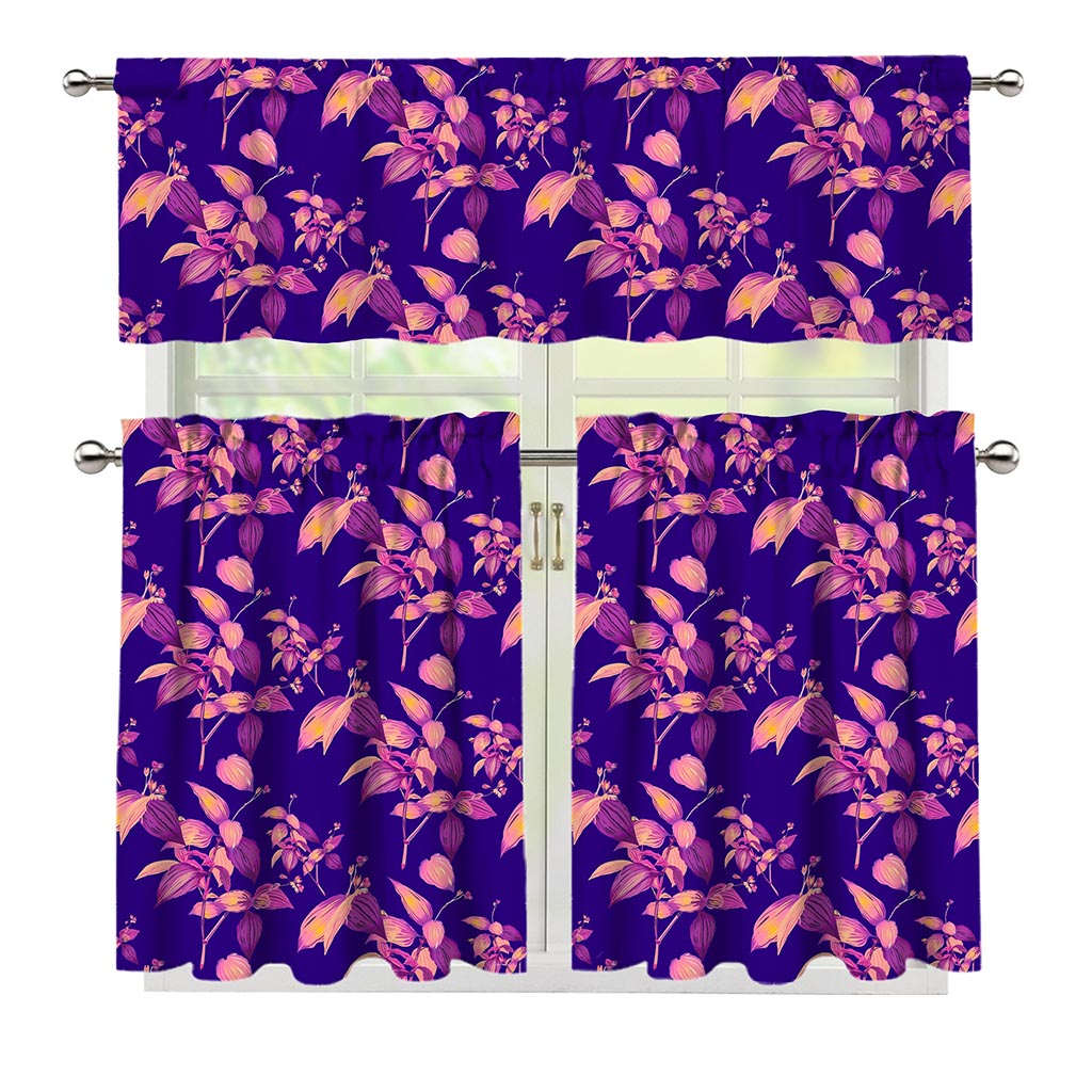 Purple Tropical Hawaiian Pattern Print 3 Piece Kitchen Curtains
