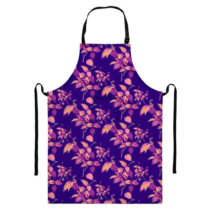 Purple Tropical Hawaiian Pattern Print Bib Apron With Pocket