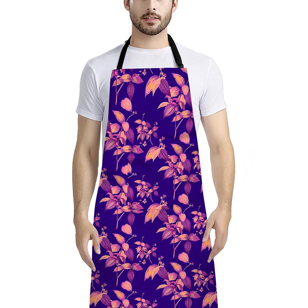Purple Tropical Hawaiian Pattern Print Bib Apron With Pocket