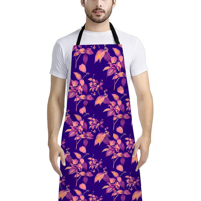 Purple Tropical Hawaiian Pattern Print Bib Apron With Pocket
