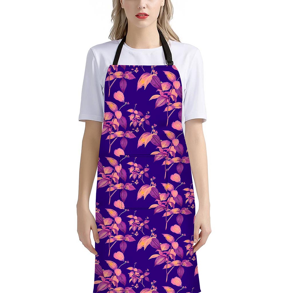 Purple Tropical Hawaiian Pattern Print Bib Apron With Pocket