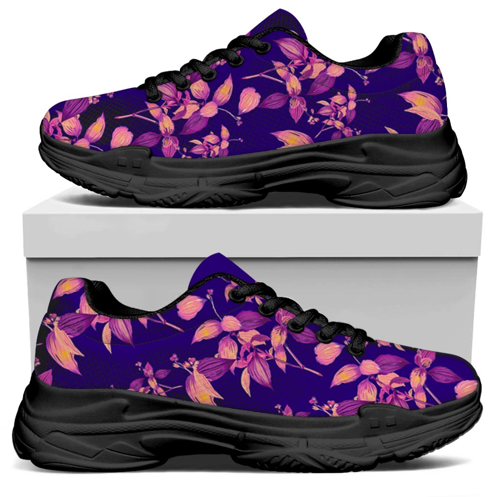 Purple Tropical Hawaiian Pattern Print Black Chunky Shoes