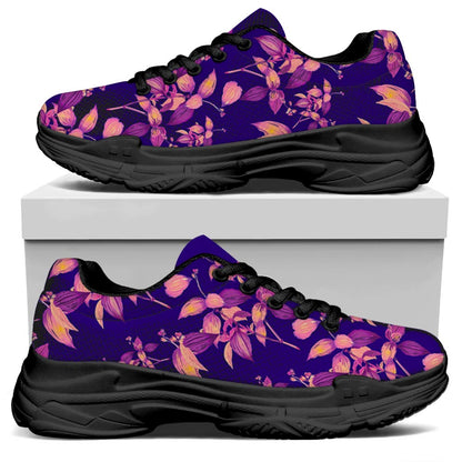 Purple Tropical Hawaiian Pattern Print Black Chunky Shoes