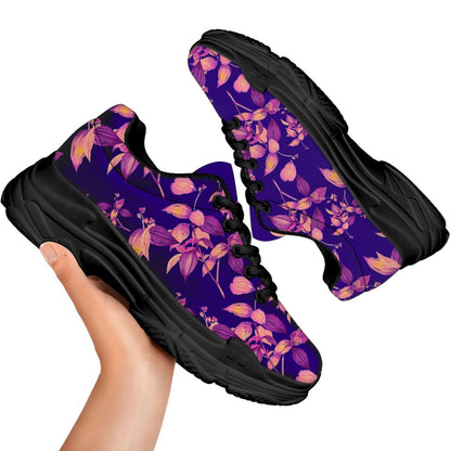 Purple Tropical Hawaiian Pattern Print Black Chunky Shoes