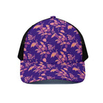 Purple Tropical Hawaiian Pattern Print Black Mesh Trucker Cap