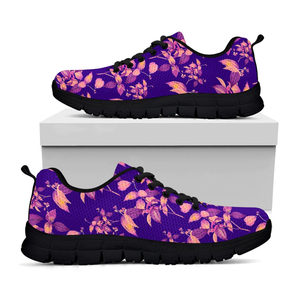 Purple Tropical Hawaiian Pattern Print Black Running Shoes