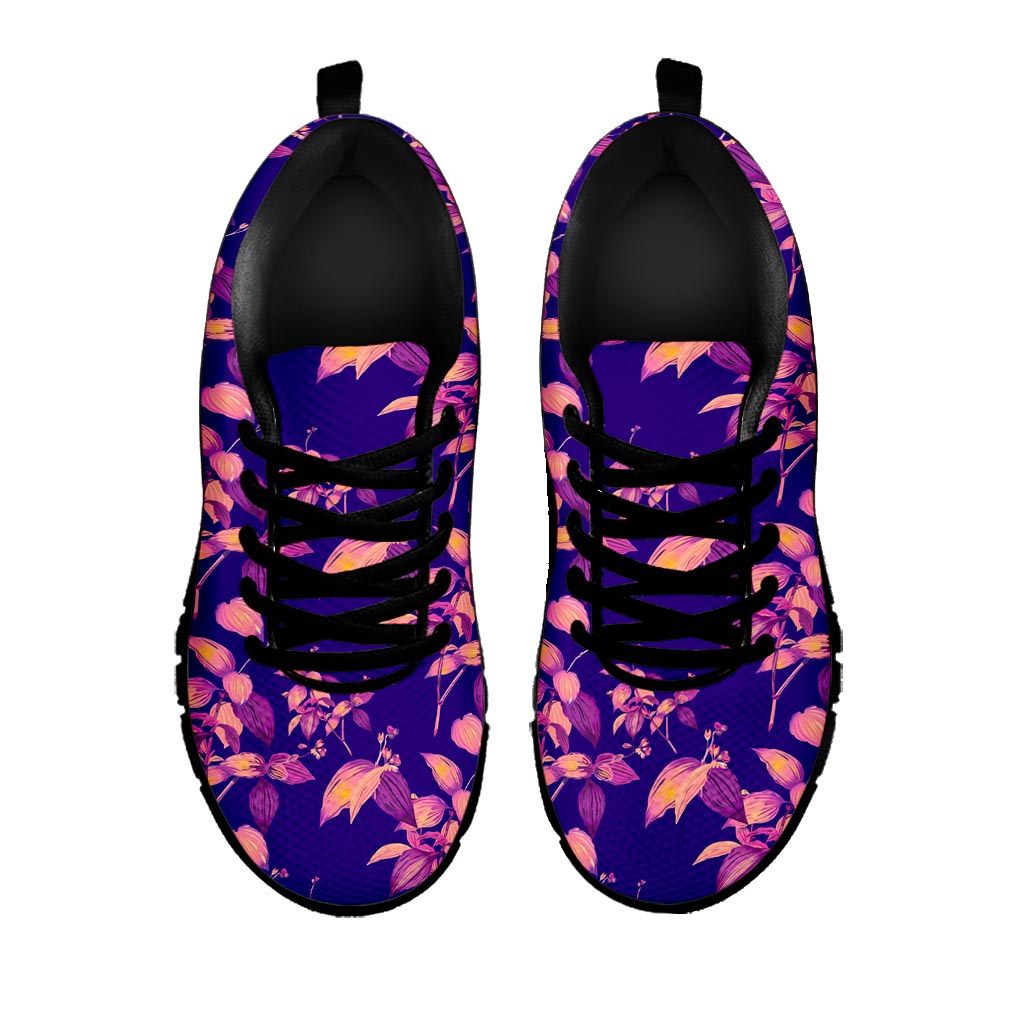 Purple Tropical Hawaiian Pattern Print Black Running Shoes