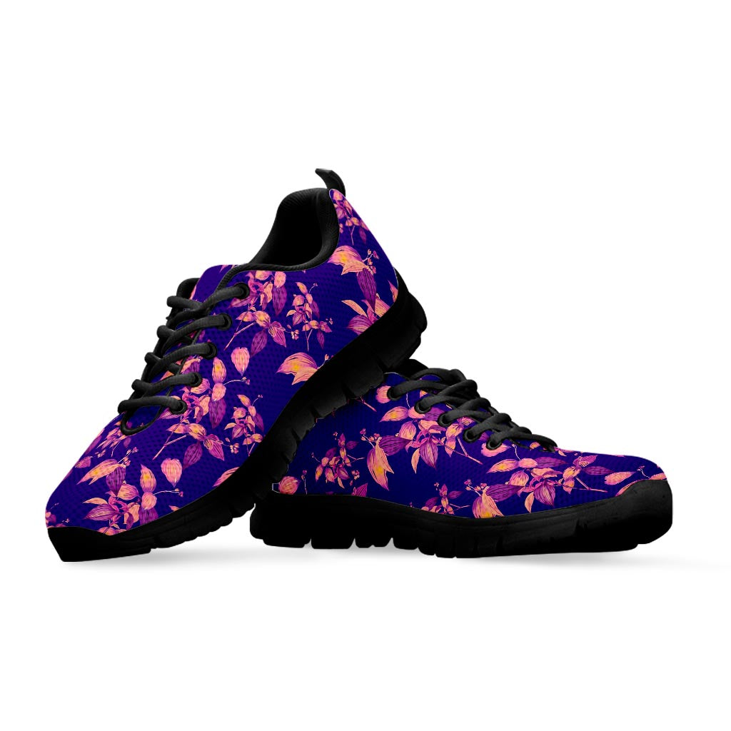 Purple Tropical Hawaiian Pattern Print Black Running Shoes