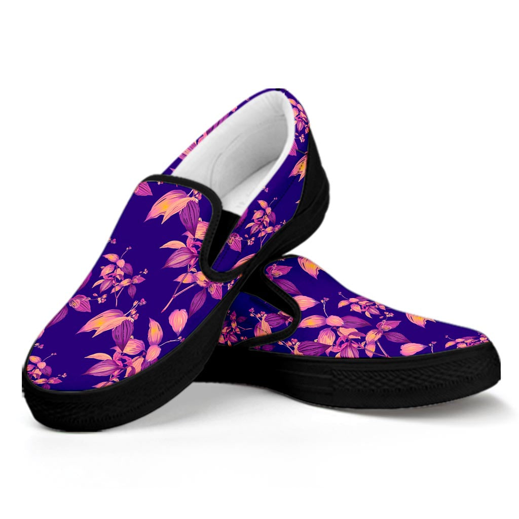 Purple Tropical Hawaiian Pattern Print Black Slip On Sneakers