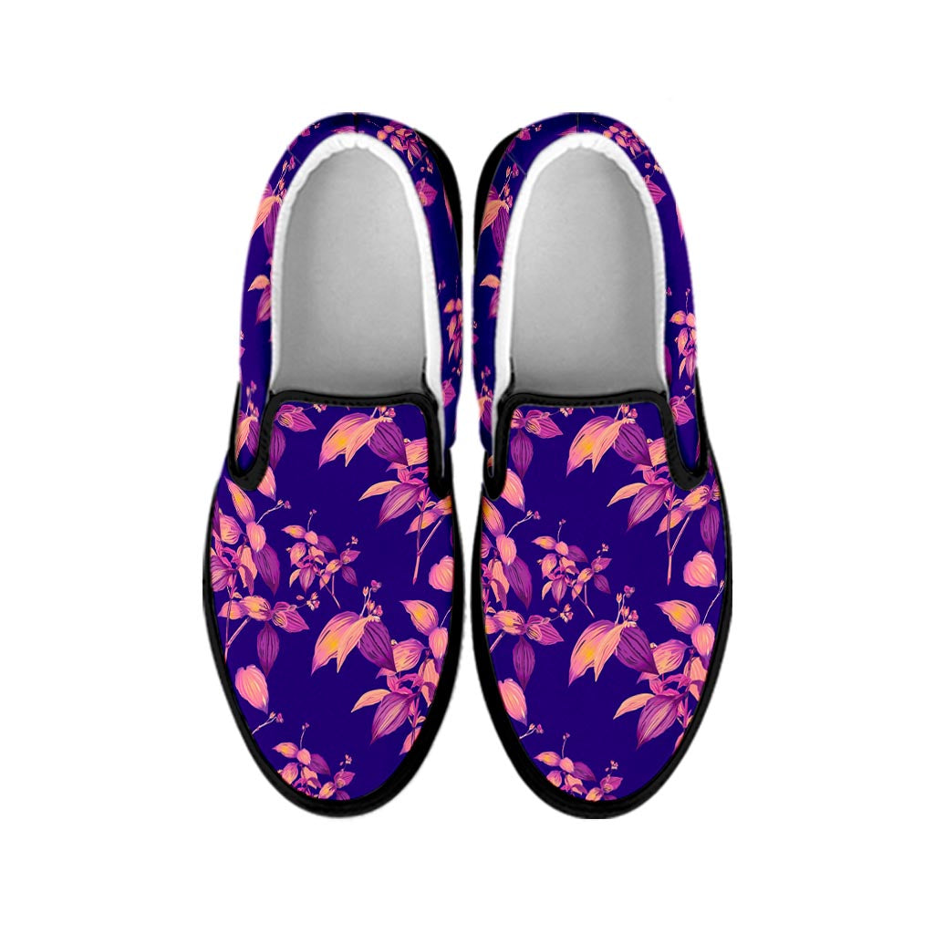 Purple Tropical Hawaiian Pattern Print Black Slip On Sneakers