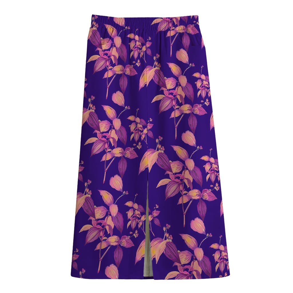 Purple Tropical Hawaiian Pattern Print Cotton Front Slit Maxi Skirt