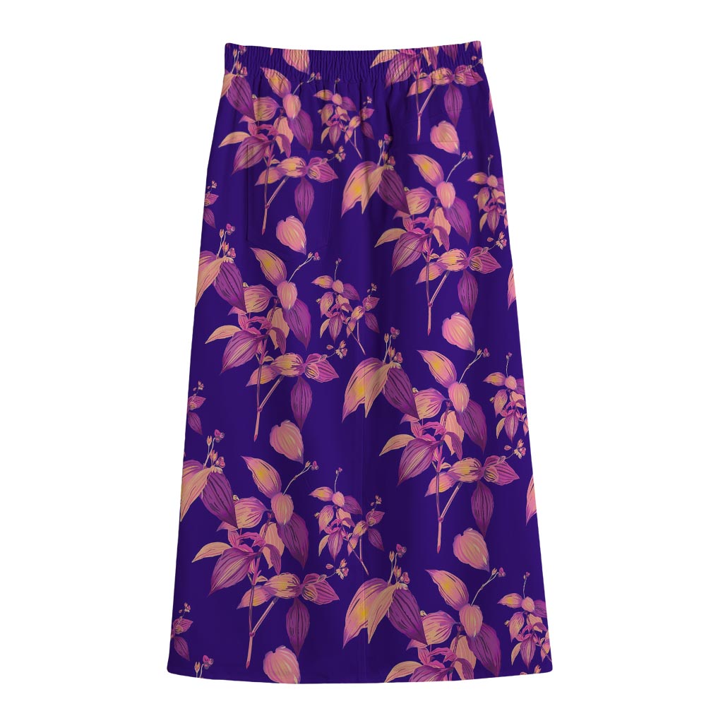 Purple Tropical Hawaiian Pattern Print Cotton Front Slit Maxi Skirt