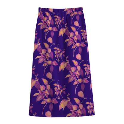 Purple Tropical Hawaiian Pattern Print Cotton Front Slit Maxi Skirt