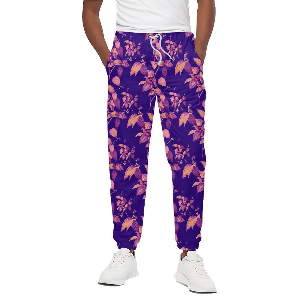 Purple Tropical Hawaiian Pattern Print Cotton Pants